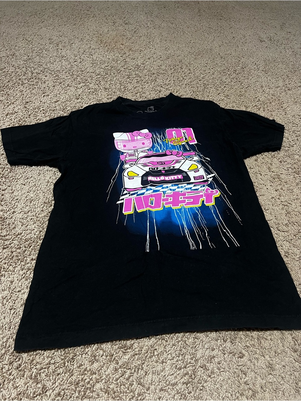 Hello Kitty Black Tee with Neon Pink & Bright Blue Racing Design